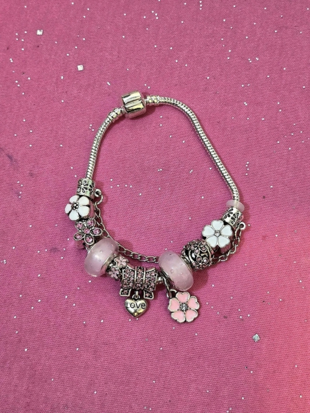 Silver Tone Cable Chain Charm Bracelet w/ Pink Crystal Beads, Flowers & a Bow